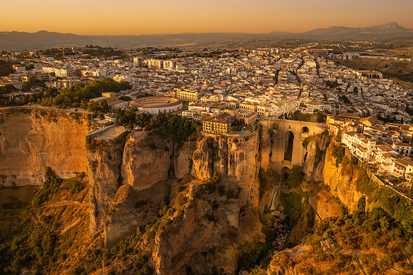 Aerial View of the Cliff Top City of Ronda, Spain, at sunset