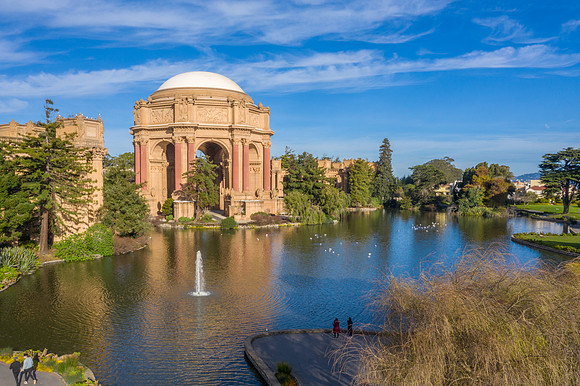 Aerial daytime view of the Palace of Fine Arts, San Francisco, California