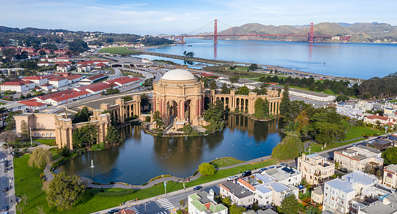 Aerial daytime view of the Palace of Fine Arts, San Francisco, California