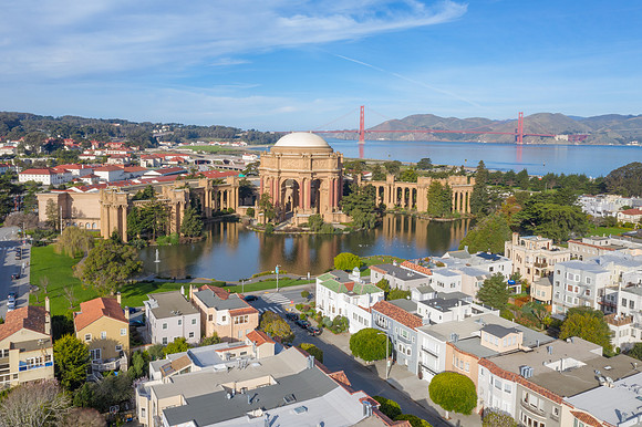 Aerial daytime view of the Palace of Fine Arts, San Francisco, California